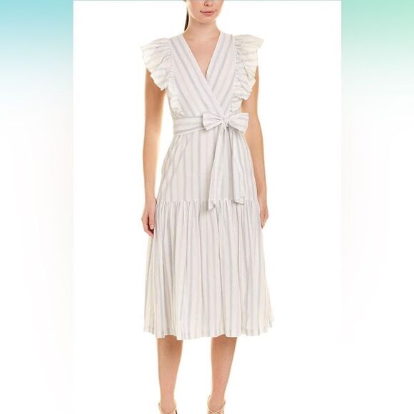 Rebecca Taylor Flutter Sleeves Yarn Dye Striped Midi Dress Size 8 - Picture 2 of 12